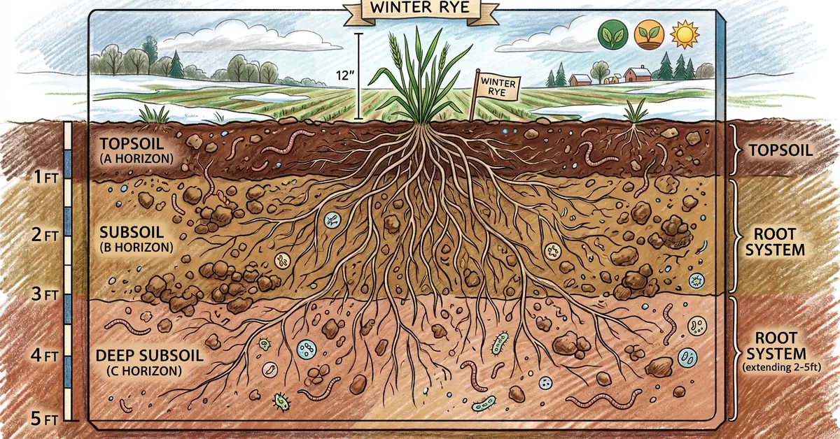 Cross-section showing winter rye roots reaching 4 feet deep into garden soil with mycorrhizal fungi networks, pencil crayon illustration