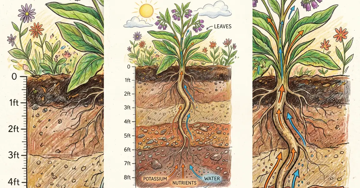 Cross-section pencil crayon illustration showing a comfrey plant with deep taproot reaching 8 feet down through soil layers drawing up potassium and nutrients