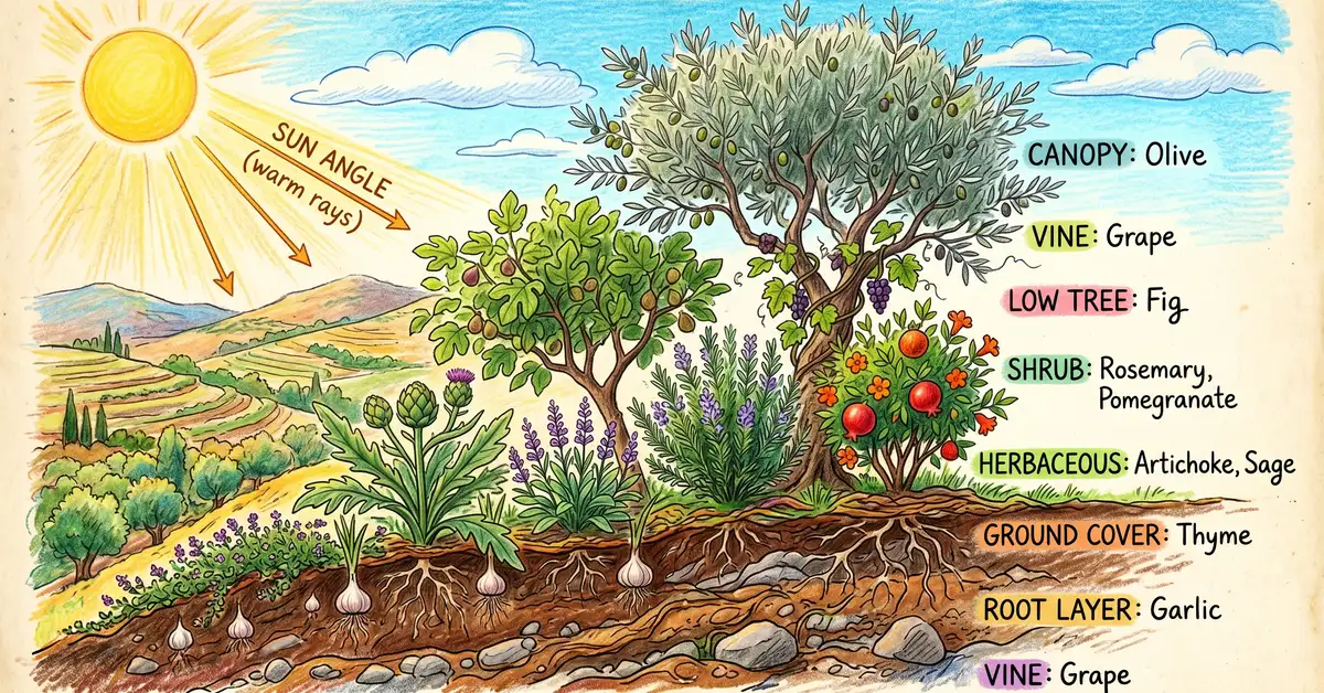 Pencil crayon cross-section side view of a Mediterranean food forest showing all 7 layers with olive canopy, fig, rosemary, artichoke, creeping thyme, garlic, and grape vine