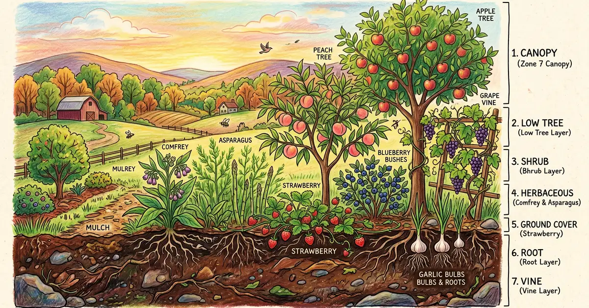 Cross-section pencil crayon illustration of a Zone 7 food forest showing all 7 layers with apple canopy, peach, blueberry, comfrey, strawberry, garlic, and grape