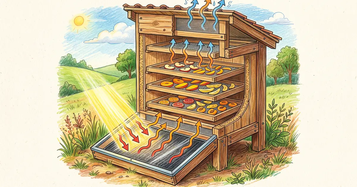 Cutaway illustration of an indirect solar dehydrator showing the glazed collector at the bottom, hot air rising through mesh trays of fruit, and an exhaust vent at the top