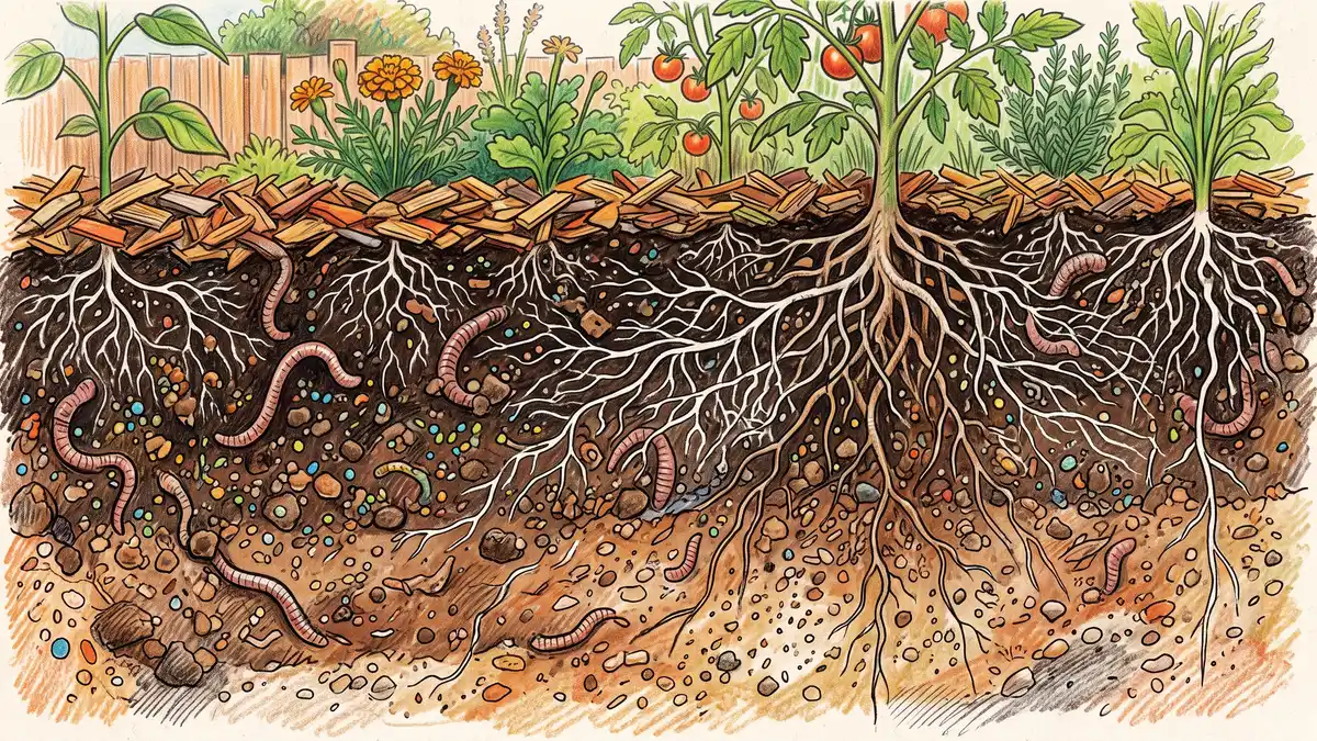 Cutaway illustration showing healthy regenerative soil layers with deep mulch, dark topsoil, earthworms, and mycorrhizal fungal threads