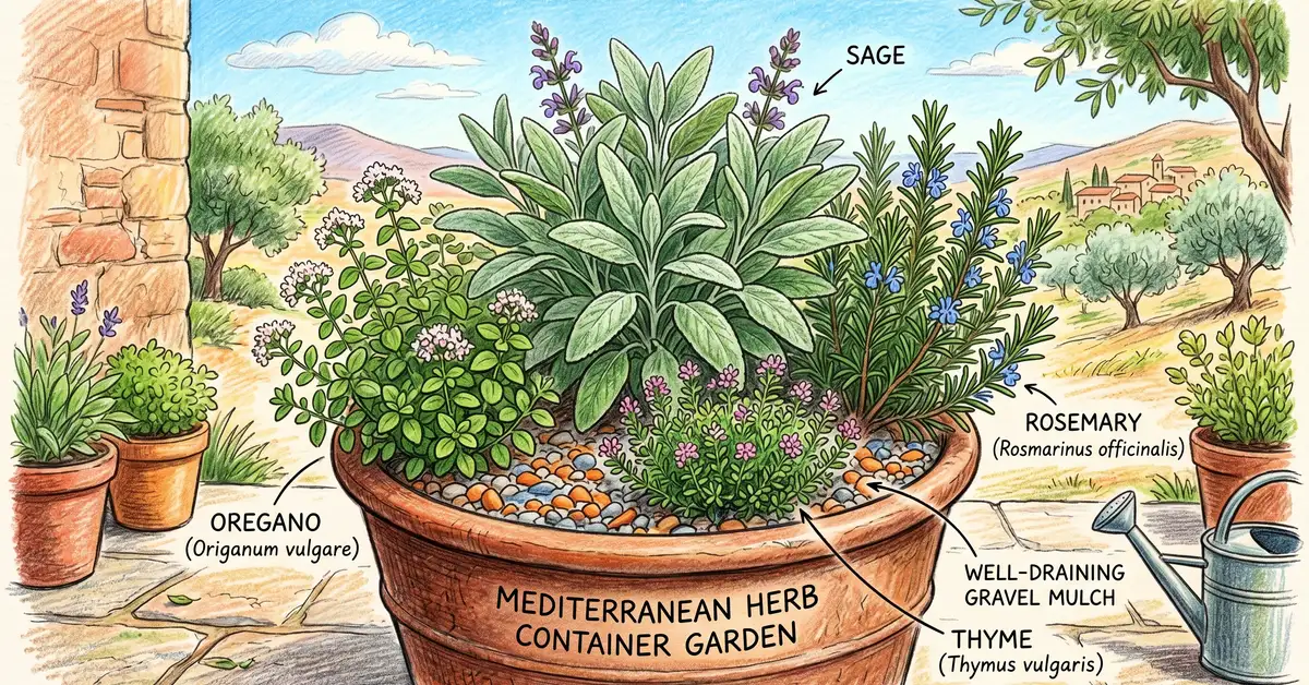 Pencil-crayon diagram of a Mediterranean herb container garden showing garden sage as the dominant plant with rosemary, thyme, and oregano companions arranged around it with well-draining gravel mulch on top
