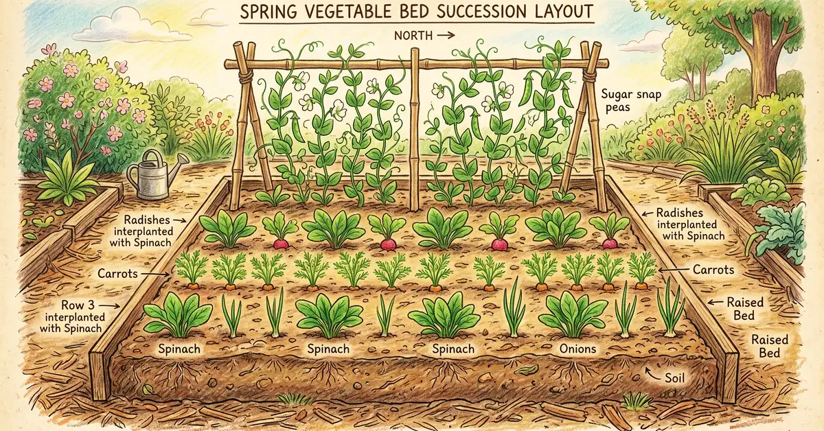 Pencil-crayon diagram of a spring vegetable bed succession planting layout with spinach interplanted with radishes, carrots, onions, and trellised peas