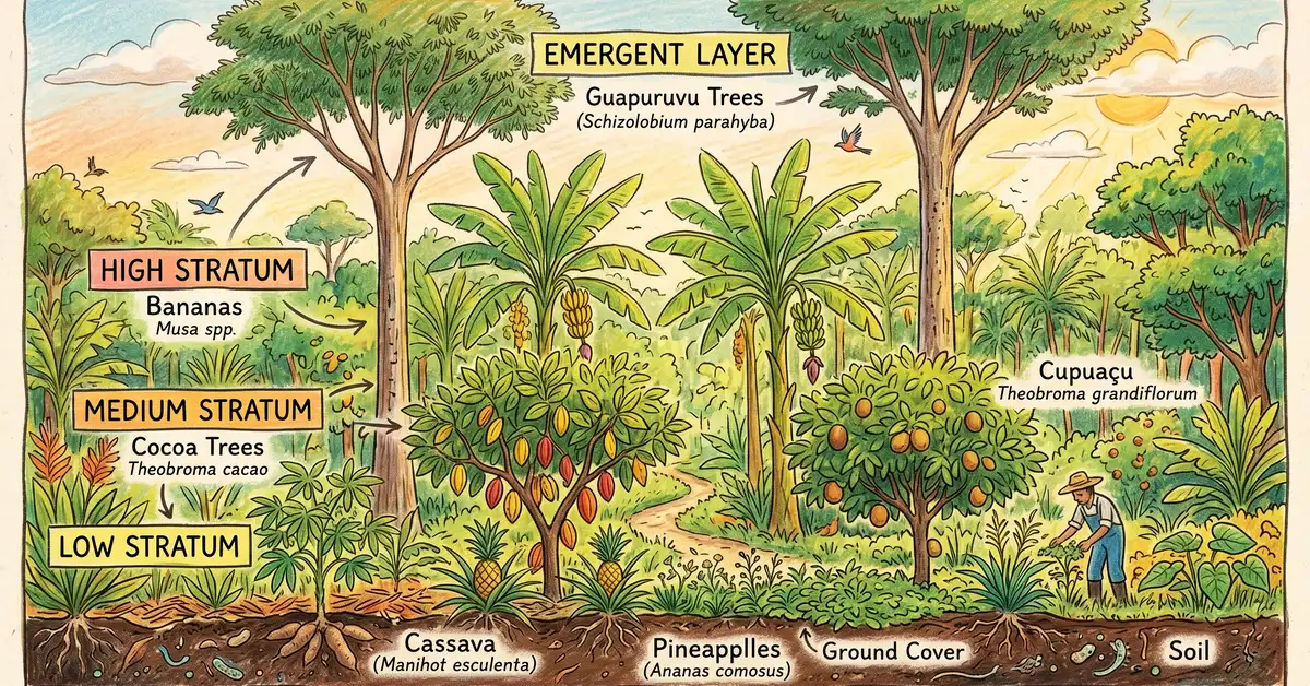 Pencil-crayon diagram of a syntropic four-layer stratification system with tall emergent guapuruvu trees at top, bananas in the high stratum, cocoa and cupuacu in the medium stratum, and cassava plus ground cover at the bottom