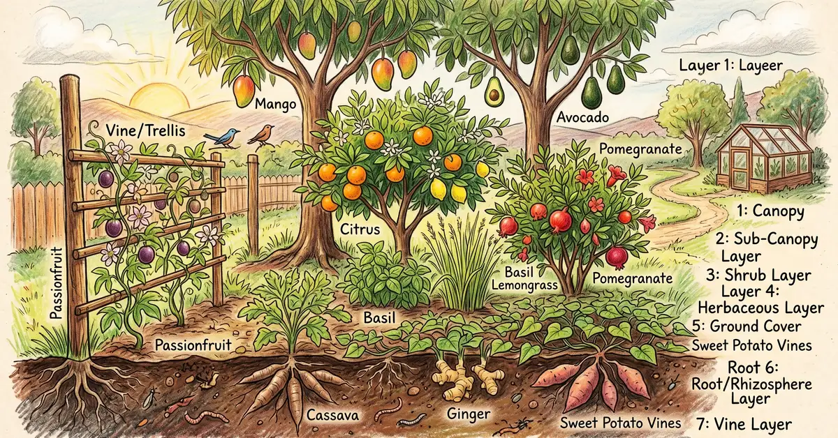 Pencil-crayon diagram of a zone 9 food forest 7-layer system showing canopy with mango and avocado, sub-canopy with citrus, shrub with pomegranate, herbaceous with basil and lemongrass, ground cover with sweet potato vines, root with cassava and ginger, and vine with passionfruit climbing a trellis