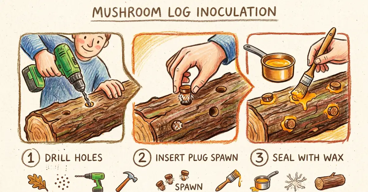 Pencil crayon diagram showing the mushroom log inoculation procedure with drill, plug spawn, and wax sealing