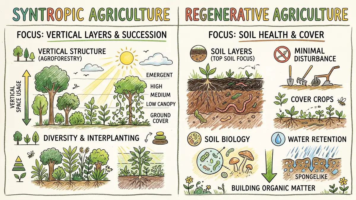 Pencil crayon educational comparison diagram showing syntropic vs regenerative agriculture as two columns with icons for vertical layers and soil layers