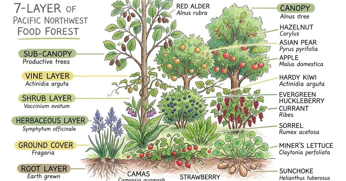 Pencil crayon cross-section diagram of a 7-layer Pacific Northwest food forest
