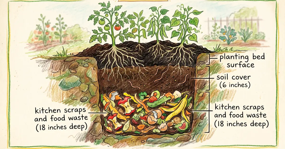 Pencil crayon cross-section diagram showing trench composting layers from bottom scraps to soil cover to planted surface