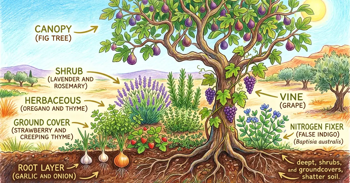 Pencil crayon cross-section diagram of a Mediterranean fig tree guild with seven layers labelled