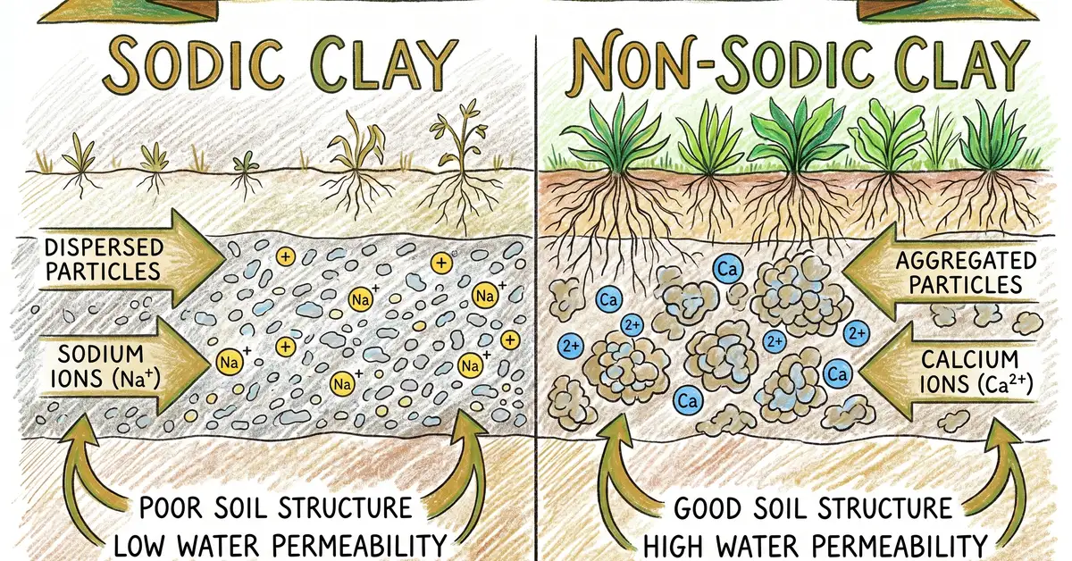 Pencil crayon cross-section diagram showing sodic clay with dispersed particles vs non-sodic clay with aggregated structure
