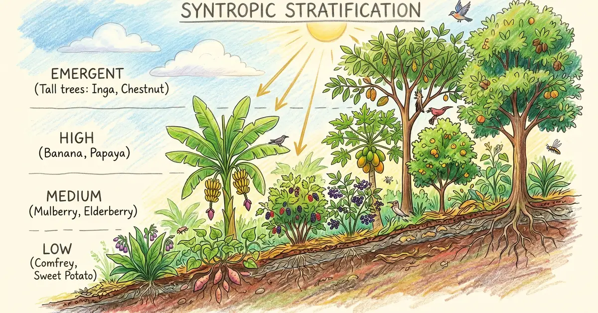 Pencil crayon cross-section diagram of syntropic stratification with four labelled strata