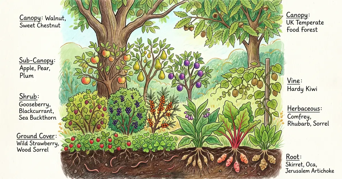 Pencil crayon cross-section diagram of a UK temperate food forest with seven layers labelled