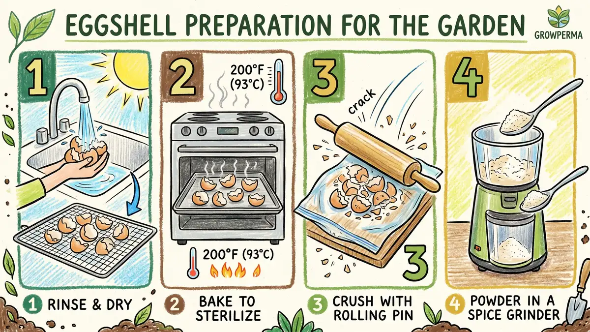 Pencil crayon diagram showing 4 stages of eggshell preparation: rinse and dry, bake to sterilize, crush with rolling pin, powder in a spice grinder