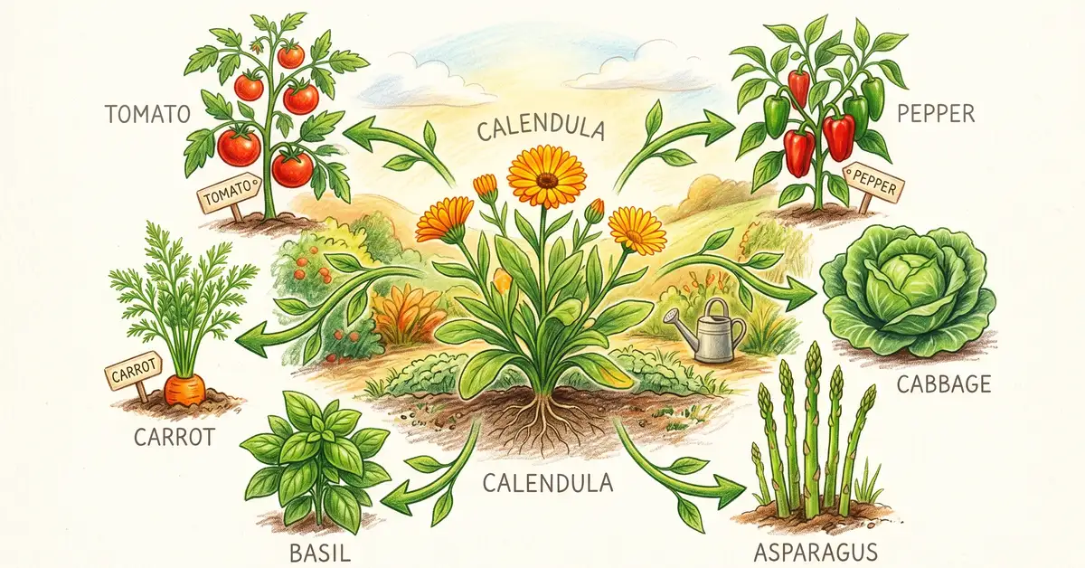 Pencil crayon diagram of calendula with companion crops including tomato, pepper, cabbage, carrot, basil, asparagus