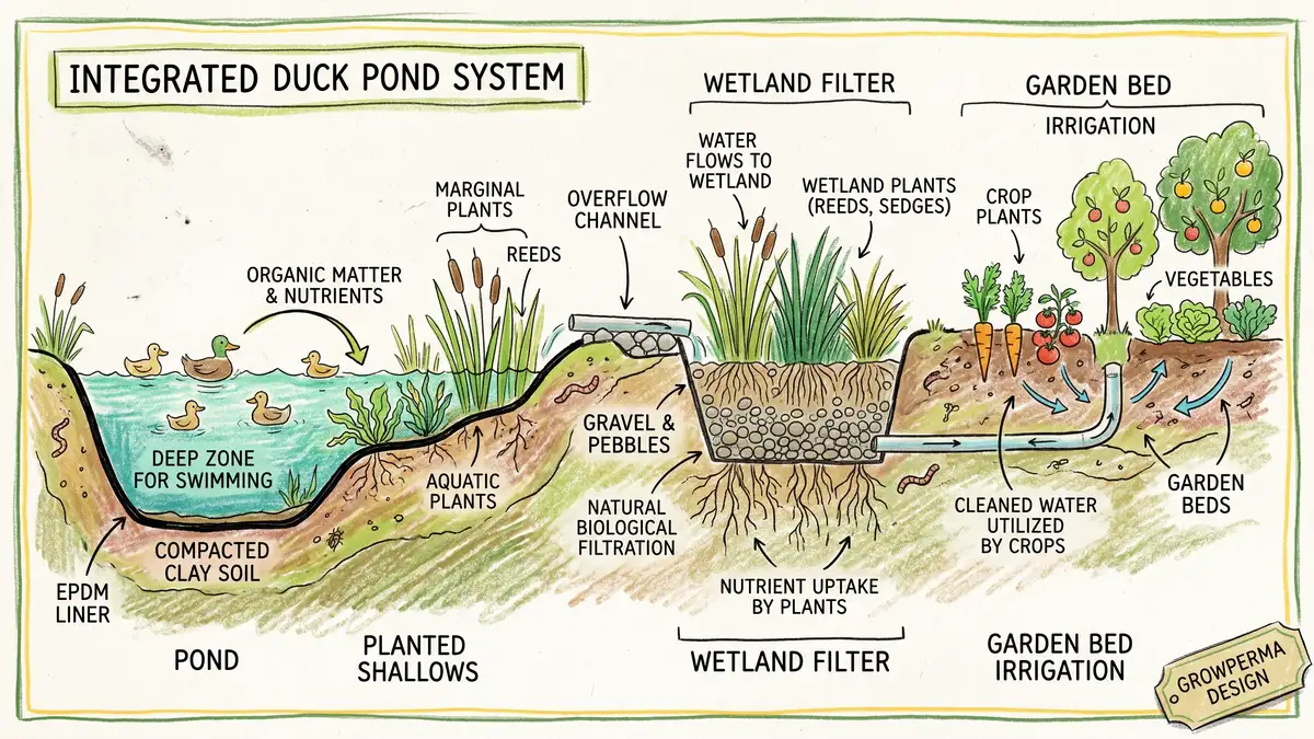 Pencil crayon cross-section diagram of an integrated duck pond with liner, planted shallows, wetland filter, and garden irrigation flow