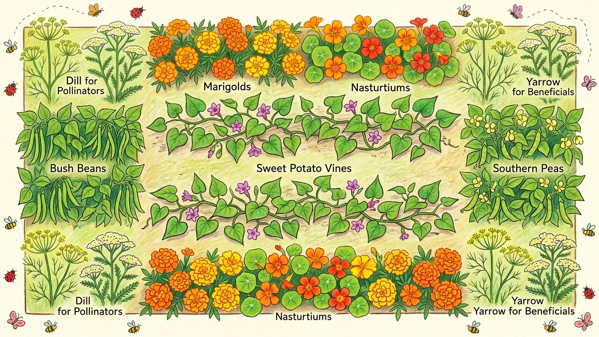 Pencil crayon overhead diagram of a sweet potato companion planting layout with marigolds, bush beans, cowpeas, dill, and yarrow