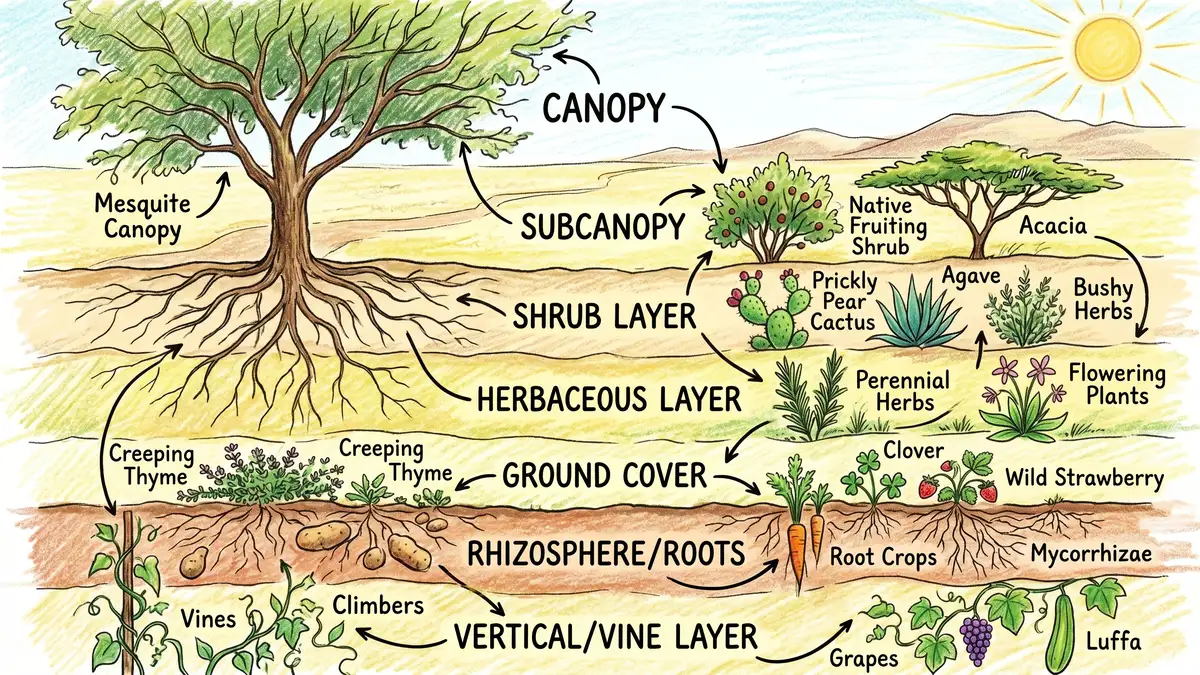 Pencil crayon diagram showing 7 layers of a desert food forest from canopy mesquite down to root crops