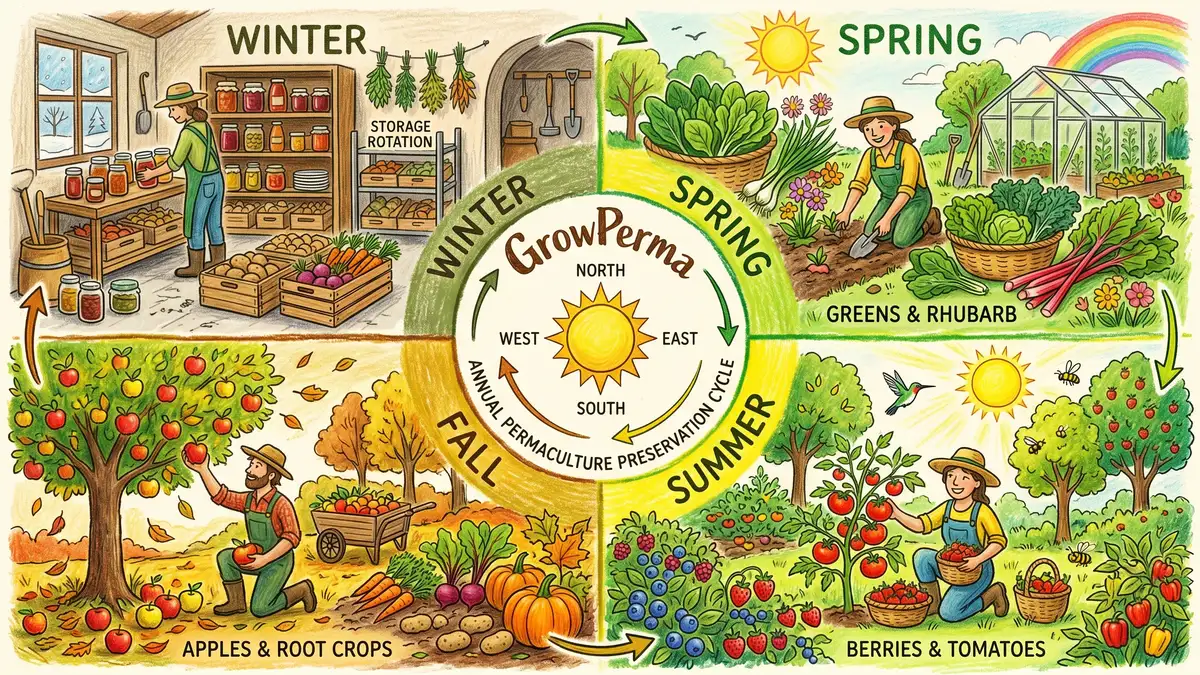 Pencil crayon diagram of the four annual permaculture preservation cycle quadrants: spring greens and rhubarb, summer berries and tomatoes, fall apples and root crops, winter storage rotation