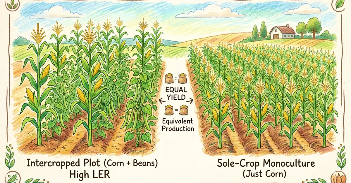 Pencil-crayon educational illustration showing the Land Equivalent Ratio concept with a small intercropped plot of corn and beans producing the same yield as a much larger sole-crop monoculture field of just corn