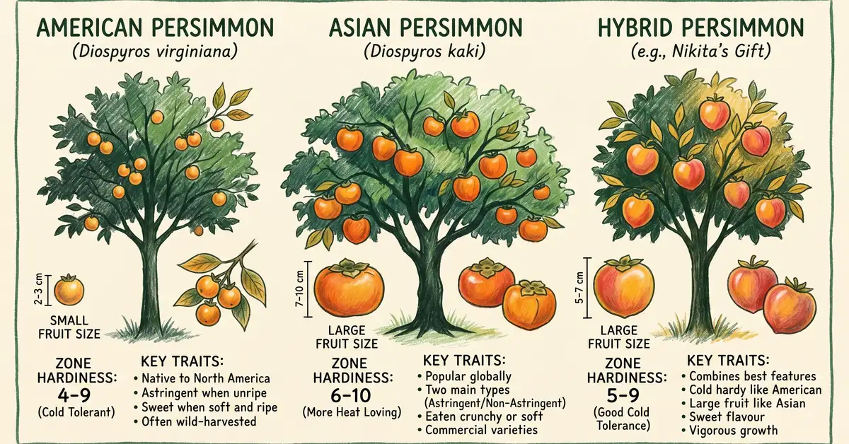 Infographic comparing American persimmon Asian persimmon and hybrid persimmon trees side by side