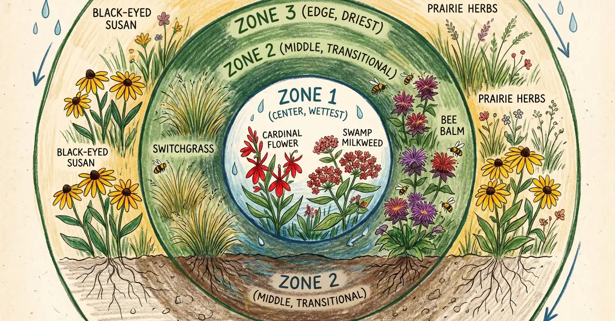 An infographic showing 3 plant zones of a rain garden as concentric circles with native species names