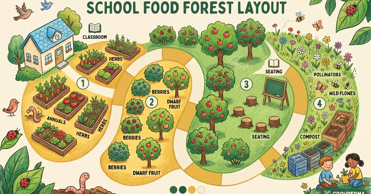 A top-down educational infographic of a US school food forest layout divided into 4 zones from classroom door to pollinator meadow