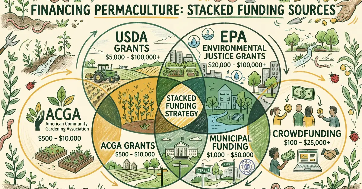 Infographic of five stacked funding sources for permaculture community projects in the US