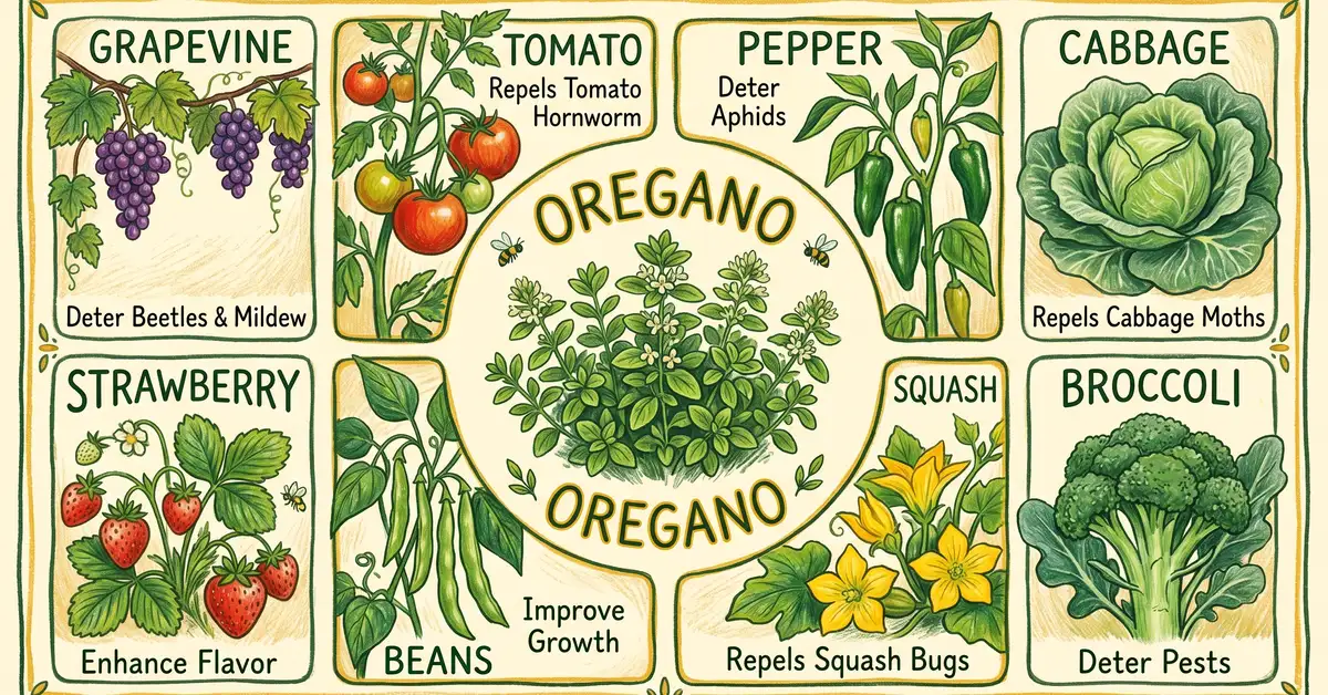 An infographic showing oregano surrounded by 8 companion plant illustrations including tomato pepper cabbage and strawberry
