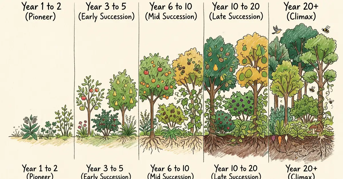 Pencil crayon timeline showing food forest succession across 20 years through 5 stages from pioneer to climax