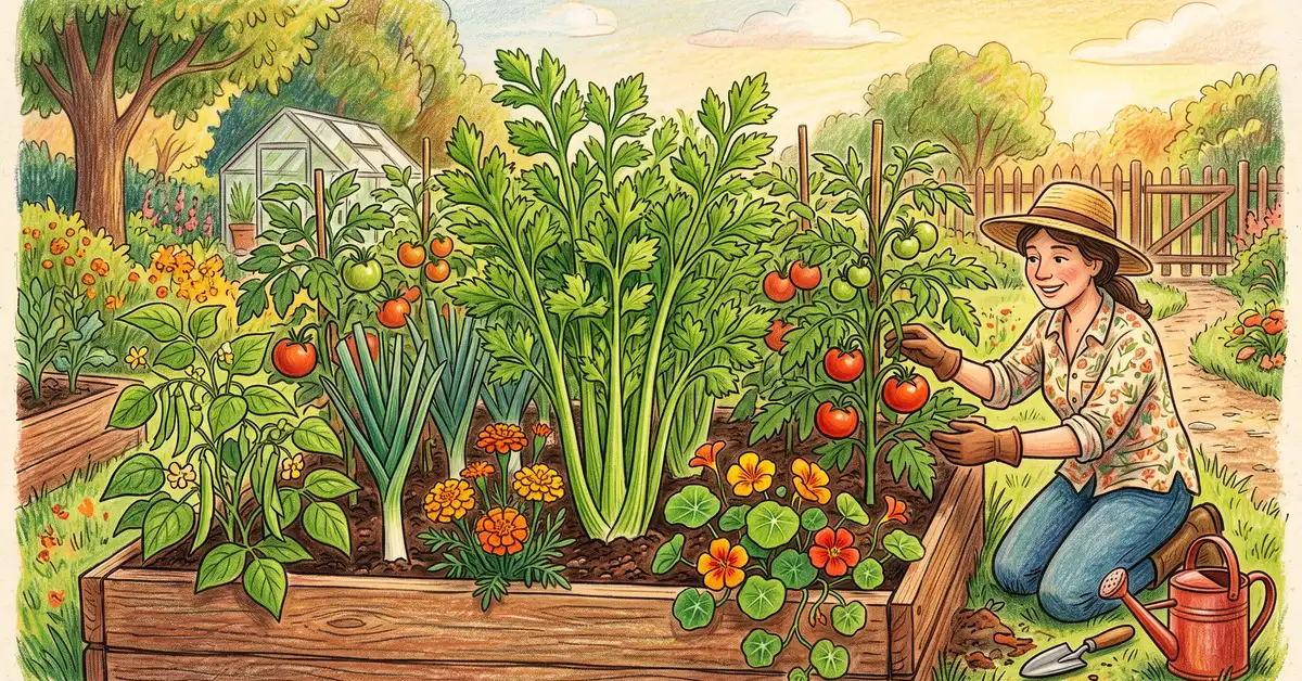 Backyard raised bed with celery interplanted with tomatoes, leeks, bush beans, marigolds, and nasturtiums
