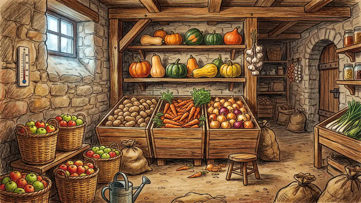 Pencil crayon illustration of a basement root cellar with bins of potatoes, carrots, onions, shelves of winter squash, baskets of apples