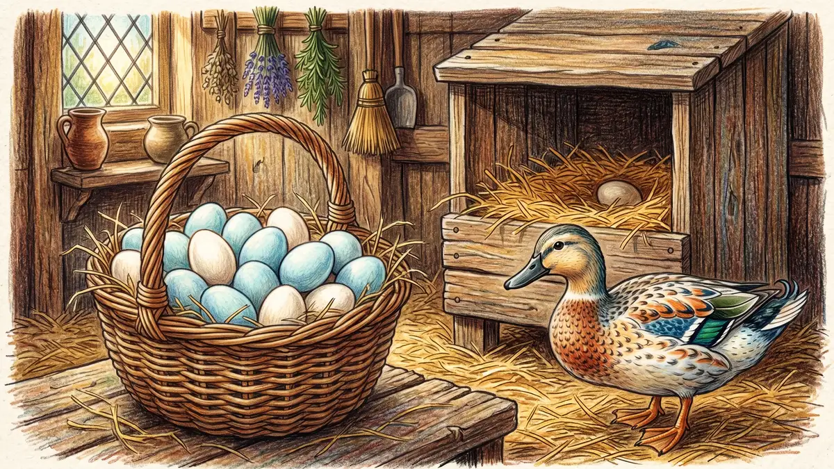 Pencil crayon illustration of a basket of blue and white duck eggs next to a wooden nesting box with straw