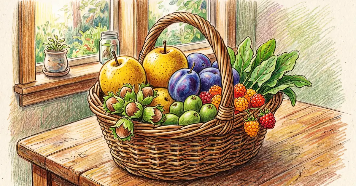 Pencil crayon illustration of a basket with Pacific Northwest harvest: Asian pears, Italian plums, hazelnuts, hardy kiwi