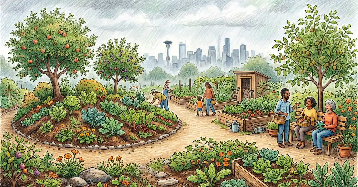 Pencil crayon illustration of Beacon Hill style urban food forest in Seattle
