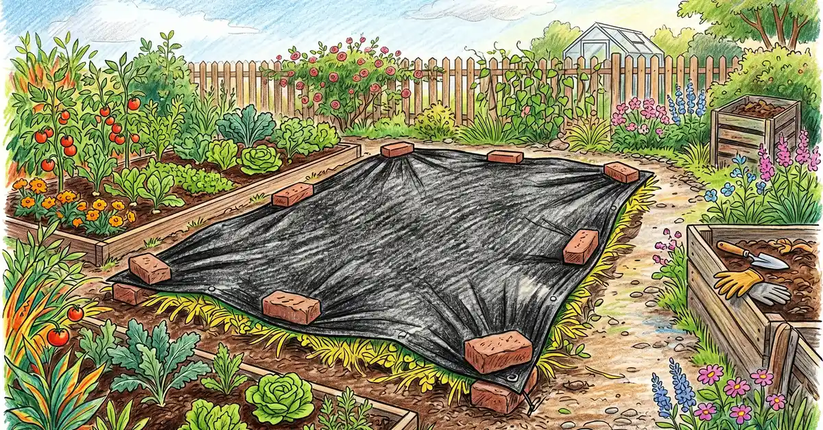 Pencil-crayon illustration of a black silage tarp laid over a cover crop bed weighted with bricks at the corners as the occultation termination method