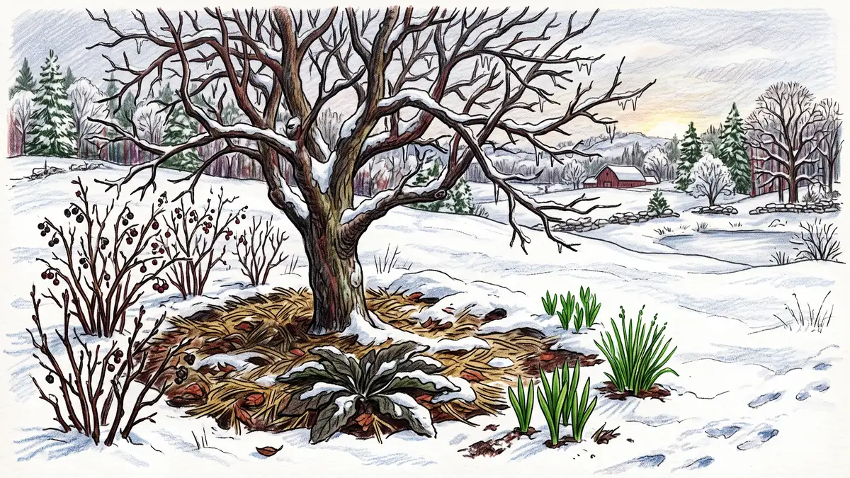 Cold-temperate apple tree guild in winter with snow, dried currants, dormant comfrey, daffodil leaves
