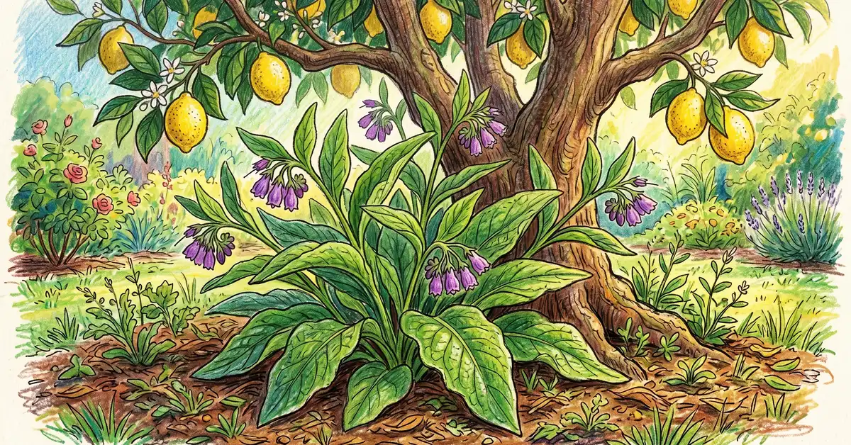 Pencil-crayon illustration of a comfrey plant with broad green leaves and purple flowers growing at the base of a lemon tree as a dynamic accumulator companion
