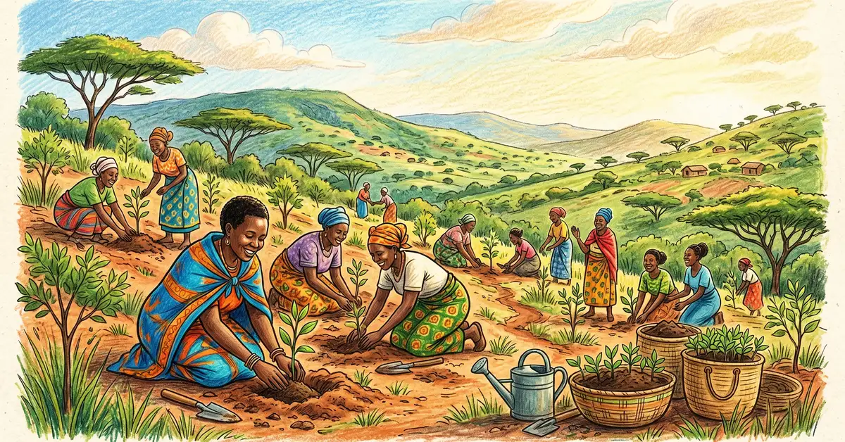 Pencil-crayon illustration of a community of Kenyan women planting tree seedlings together on a hillside as part of a reforestation movement