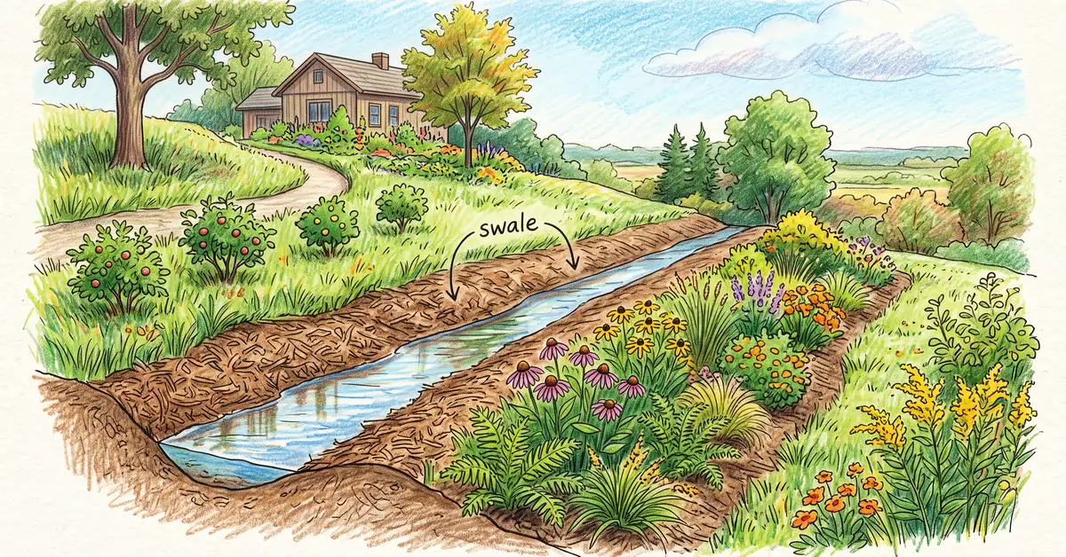 Pencil-crayon illustration of a shallow contour swale running across a backyard slope, catching water with mulch and native plants