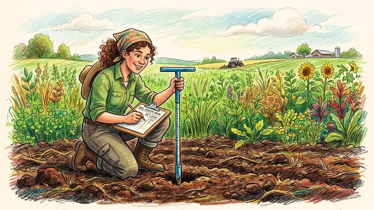 Pencil crayon illustration of a farmer with a clipboard measuring soil with a soil probe in a regenerative field