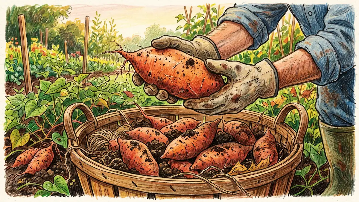 Pencil crayon illustration of a freshly harvested Beauregard sweet potato held above a wooden basket of more sweet potatoes