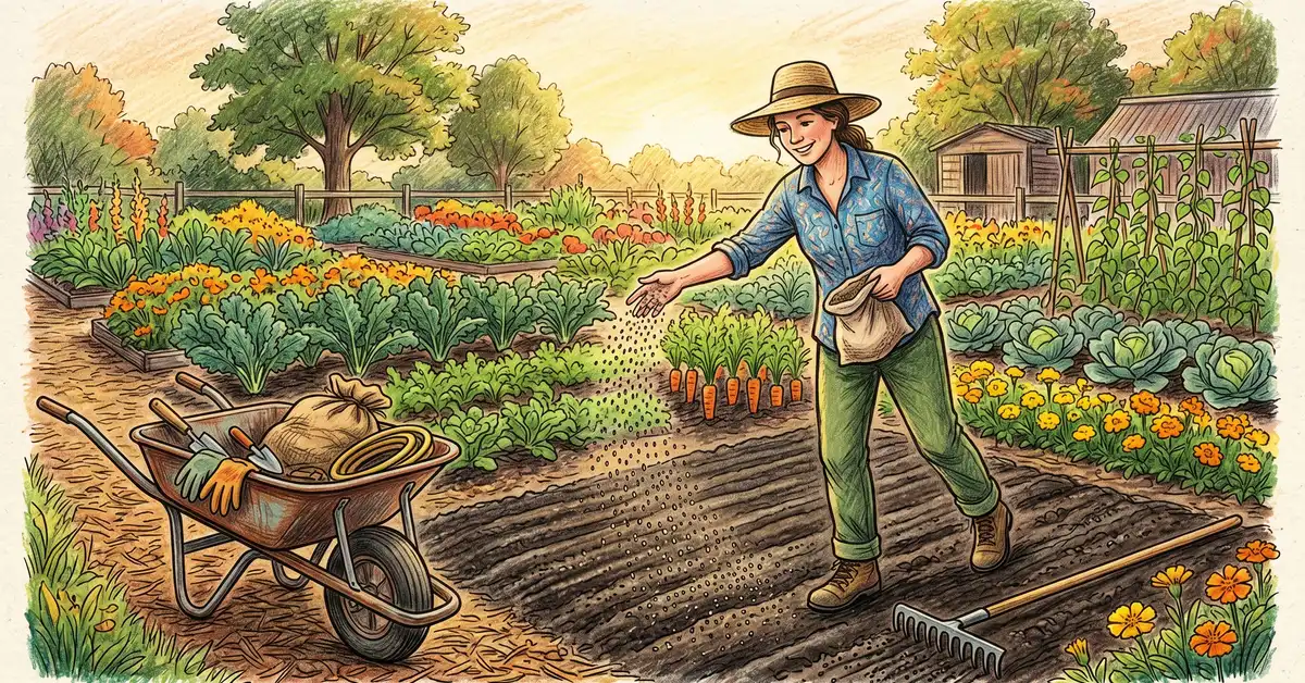 Gardener broadcasting winter rye seed by hand across a prepared garden bed in autumn, pencil crayon illustration