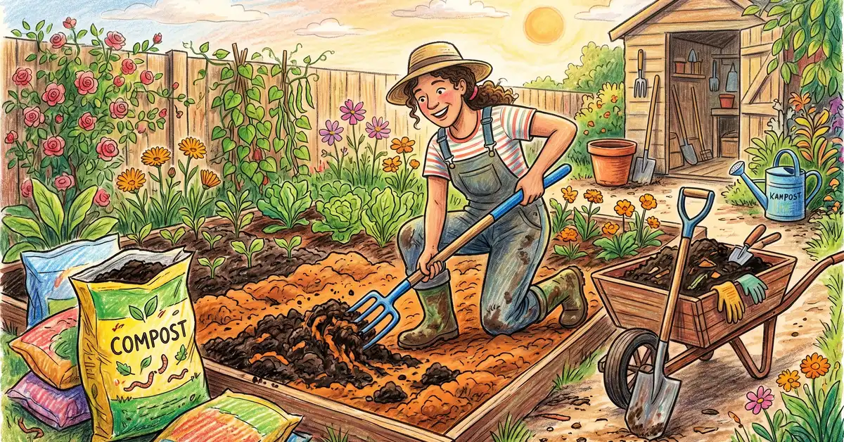 Pencil-crayon illustration of a gardener mixing compost into clay garden soil with a digging fork to improve drainage with bags of compost and a wheelbarrow nearby