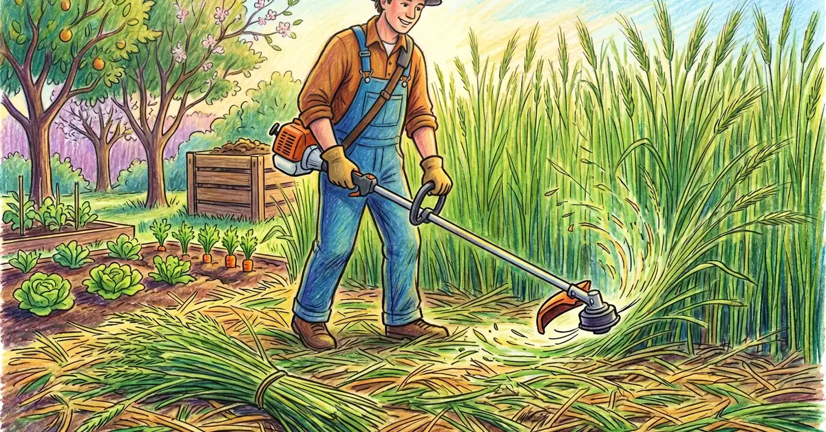 Gardener using a string trimmer to terminate flowering winter rye cover crop in spring, pencil crayon illustration