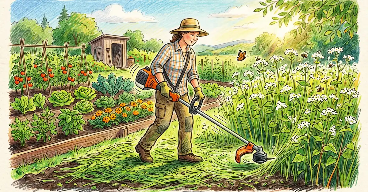 Pencil-crayon illustration of a gardener mowing down a flowering buckwheat patch with a string trimmer with cut residue left as a green mulch