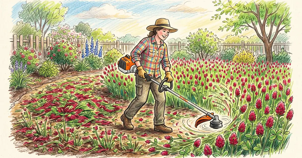 Pencil-crayon illustration of a gardener using a string trimmer to mow flowering crimson clover with cut residue left as mulch