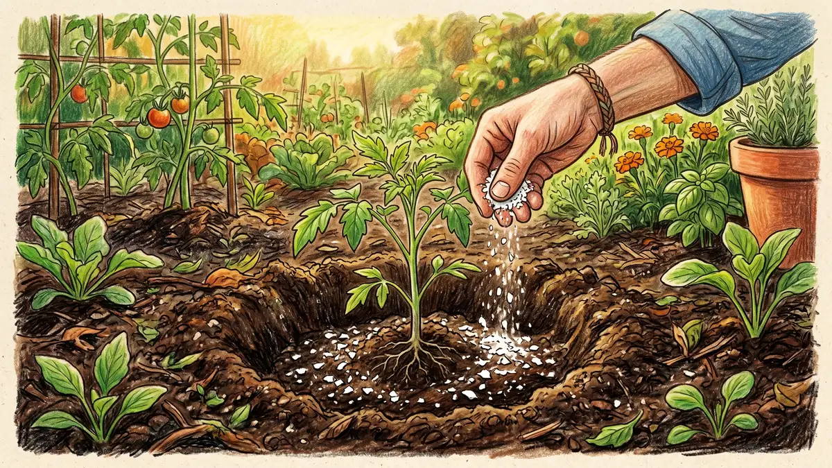 Pencil crayon illustration of a hand sprinkling powdered eggshells into a planting hole around a young tomato seedling