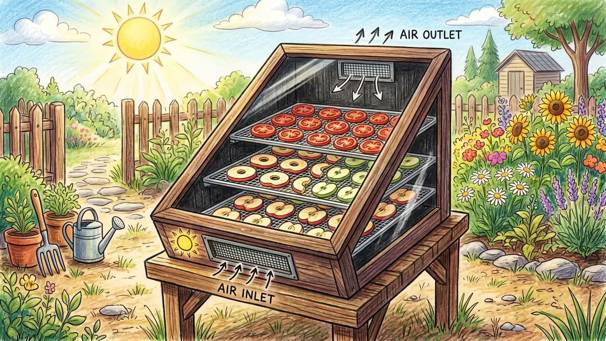 Pencil crayon illustration of a homemade solar food dehydrator with mesh trays of sliced apples and tomatoes set in a sunny backyard